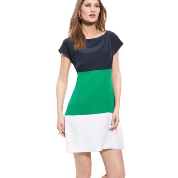 Eliza J Colorblock Silk Capped Sleeve Dress Blue Green Size 6 - Picture 1 of 8